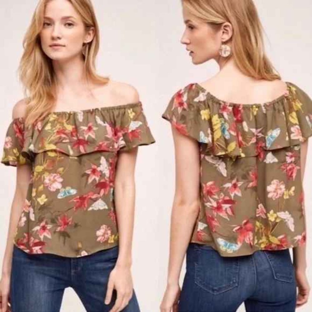 Maeve Off Shoulder Ruffle Tropical Flower Print Olive Green Small Blouse Top EUC
